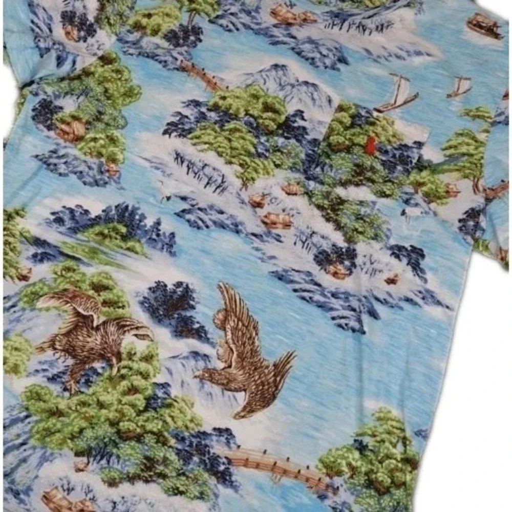 Polo Ralph Lauren Shirt Men Sky Blue‎ Japanese Seascape Eagle Pocket Preppy SZ M